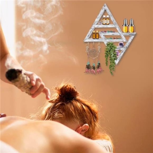 Moon Phase Triangle Shelf with Hooks - Moon Shelf for Crystals- Witchy White - Picture 7 of 7